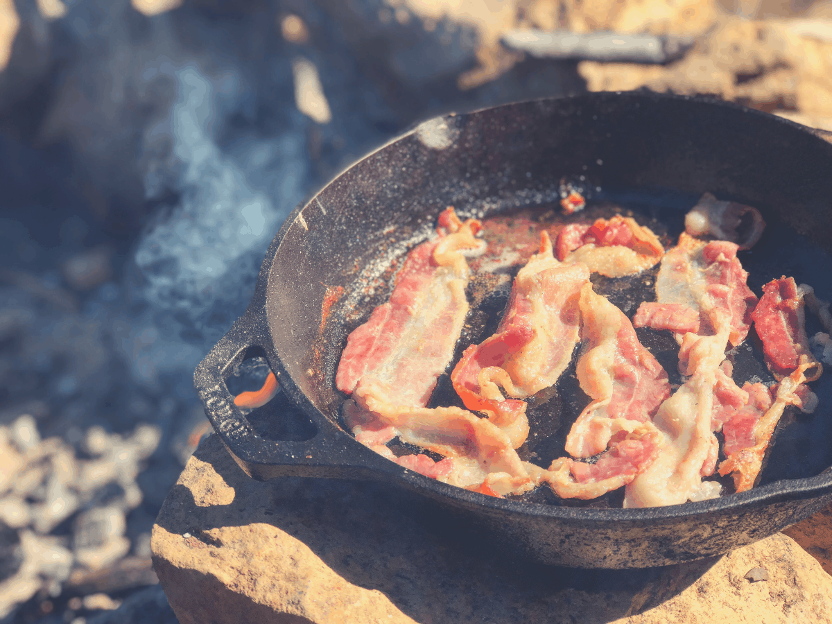 frying pan with turkey bacon