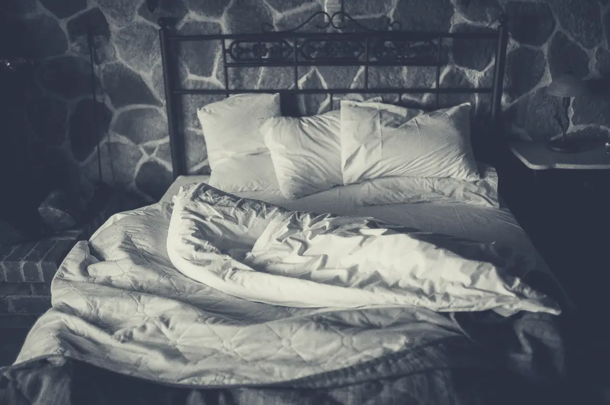 black and white image of duvets on a metal bed