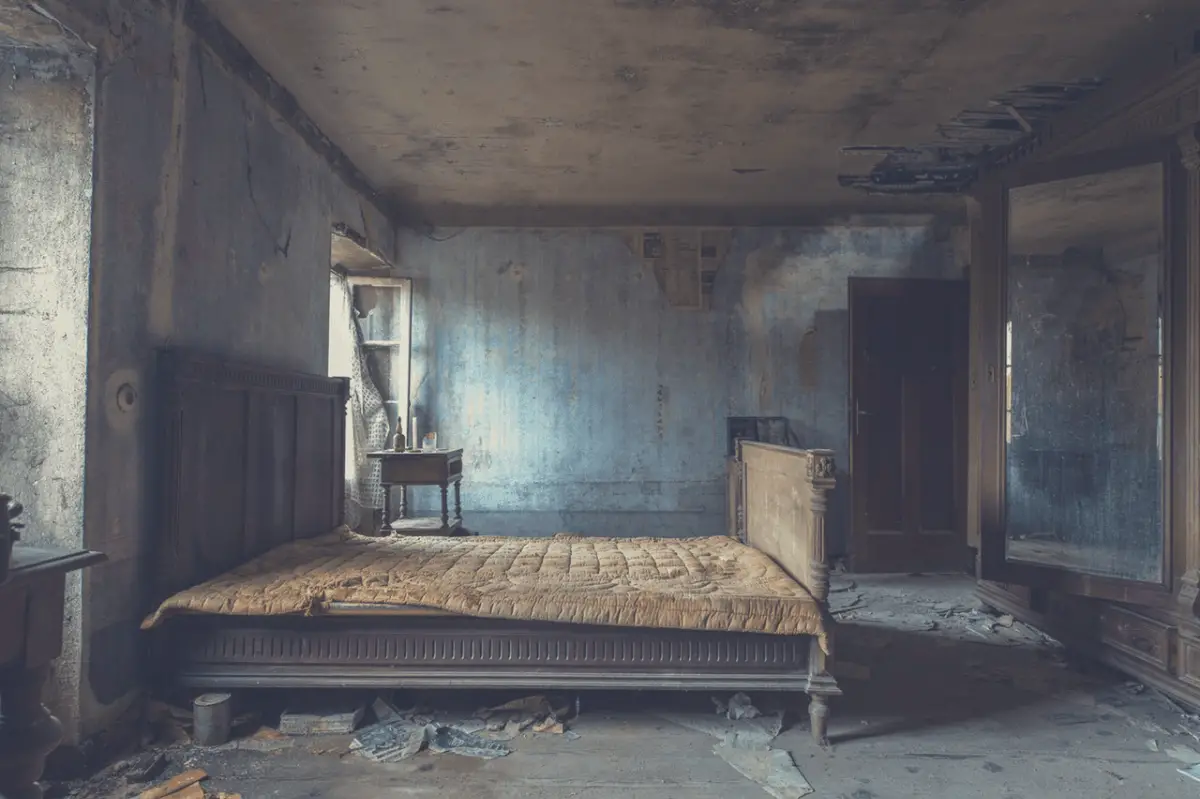 old mattress on a wooden bed in an abandoned bedroom