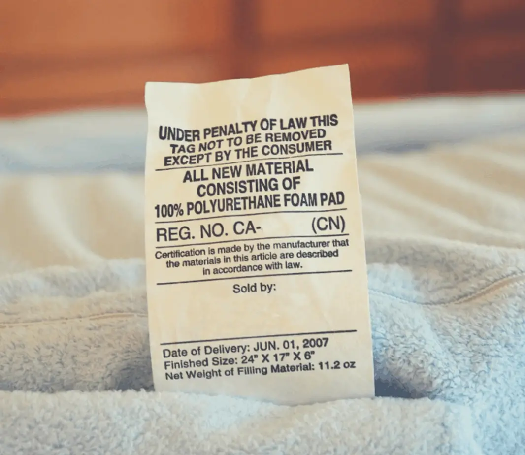 mattress tags showing the component raw materials