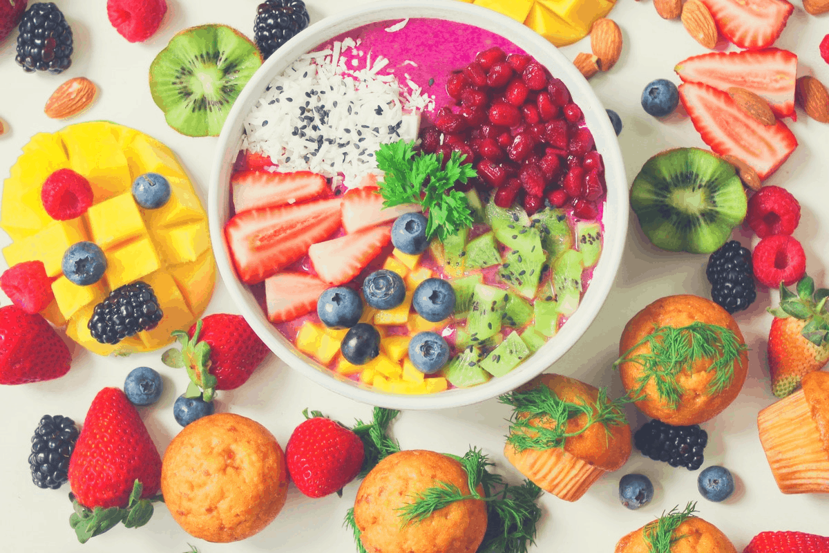 fruits and vegetables in a plate