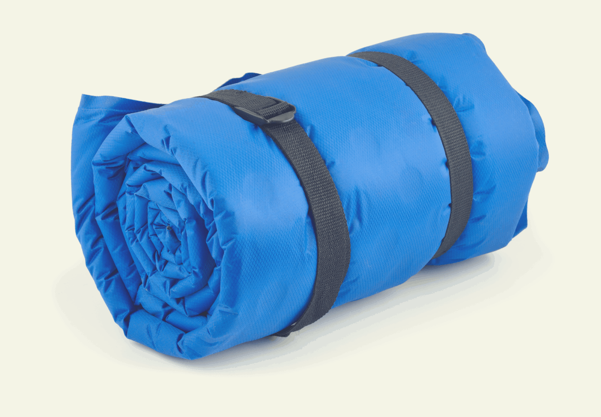 blue sleeping bag rolled up and tied with black straps