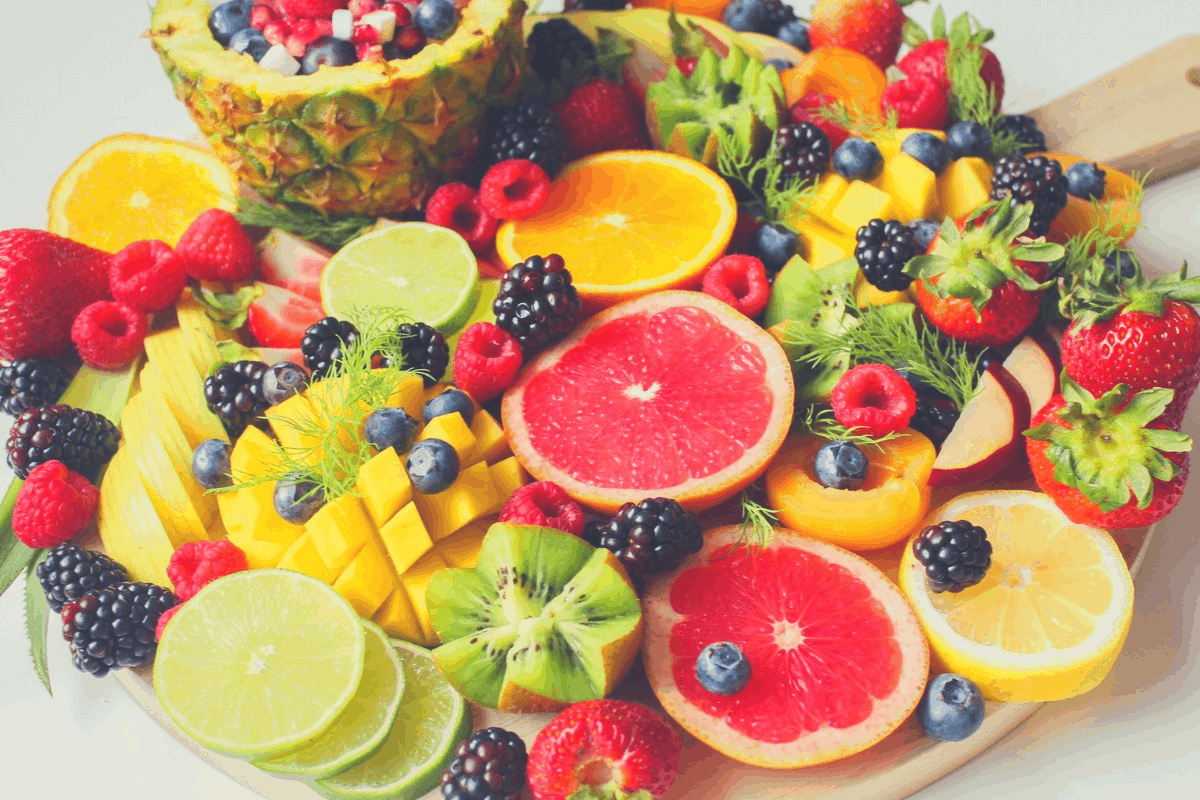 fruits and vegetables on a tray